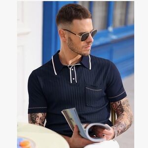 PJ Paul Jones Men’s Classic Navy Polo Shirt with White & Red Stitching -Size: M